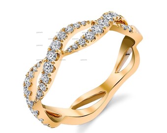Twisted Diamond Band, 14k Rose Gold Wedding Band, Moissanite Anniversary Band, Crossover Wave Infinity Twist Band-Wave Stacking Ring For Her