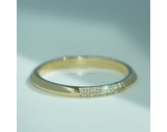 14K Yellow Gold Knife Edge Semi Pave Ring, Knife Edge Wedding Ring, Delicate Moissanite Gold Band, Stackable Diamond Band, Anniversary Ring