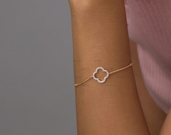 Moissanite Clover Bracelet, 14k Gold Diamond Bracelet, Delicate Diamond Bracelet, Open Four Leaf Good Luck Charm Bracelet, Valentine Jewelry