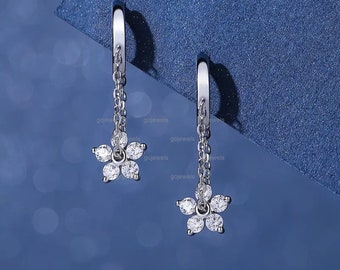 14K Gold Moissanite Flower Drop Earrings, Dangle Drop Flower Earrings,  Chain Flower Earrings, Minimalist Hoops, Huggie Hoops, Gift For Her