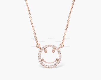 Moissanite Smile Face Necklace, 14k Rose Gold Diamond Smile Necklace, Diamond Happy Smile Face Charm Necklace, Birthday Gift For Her