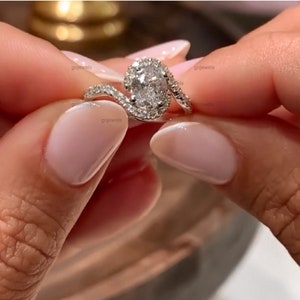 1 CT Oval Cut Moissanite Diamond Twist Band Ring, Halo Solitaire Twist Bypass Engagement Ring, Minimalist 14k Gold Promise Ring Gift for Her