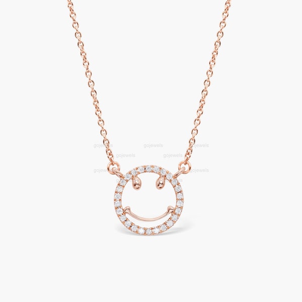 Moissanite Smile Face Necklace, 14k Rose Gold Diamond Smile Necklace, Diamond Happy Smile Face Charm Necklace, Birthday Gift For Her