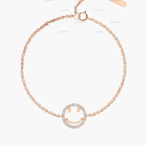 Minimalist Smiley Face Bracelet, 14k Gold Moissanite Bracelet, Happy Face Bracelet, Smiley bracelet, Happy Diamond Friendship Bracelet