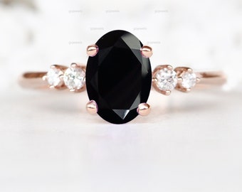 Black Spinel Anniversary Ring, Oval Black Spinel with Round Moissanite Ring, 14k Rose Gold Ring, Delicate Ring, Black Promise Ring For Her