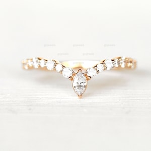 Marquise & Round Moissanite Wedding Band, 14k Gold Wedding Band, Curved Diamond Ring, Stackable-Half Eternity Band, Art Deco Moissanite Band
