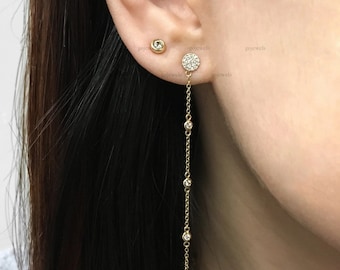 14K Gold Moissanite Disc Drop Long Chain Stud Earrings, Minimalist Dangling Earrings, Pave Disc Jewelry, Silver Chain Earrings, Gift for Her