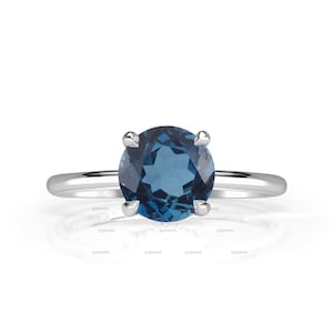 14k Gold Round Cut London Blue Topaz Ring, London Blue Topaz Engagement Ring, Solitaire Prong Set Ring, Hidden Halo Moissanite Wedding Ring