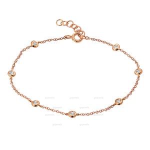 14k Gold Moissanite By The Yard Bracelet, Diamond 7 Station Bracelet, Gold Diamond Bezel set Bracelet, Dainty Adjustable Cable Link Bracelet
