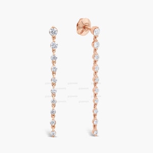 Minimalist 14k Rose Gold Moissanite Earring, Diamond Linear Drop Earrings, Trendy Long Earrings, Elegant Earrings, Diamond Dangle Earrings