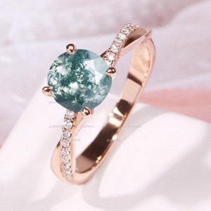 Nature Inspired Ring In Rose Gold, Infinity Moss Agate Engagement Ring, Crossover Moissanite Wedding Ring, Twist-Half Eternity Promise Ring