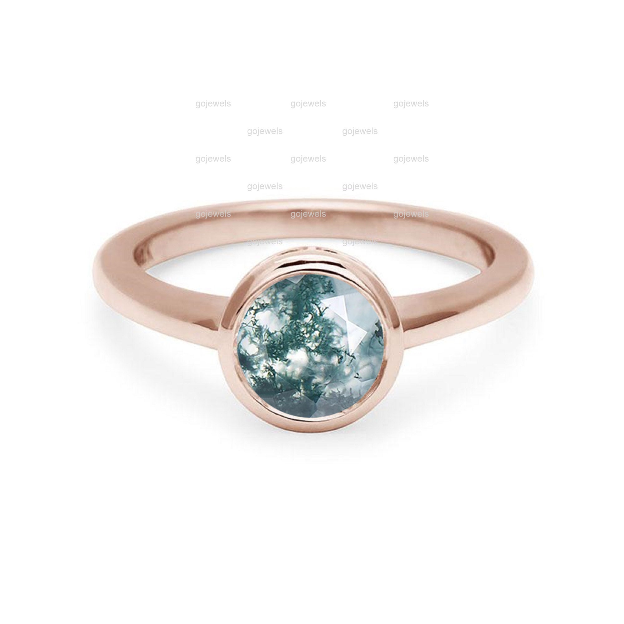 Bezel Set Round Moss Agate Ring, Classic 14k White Gold Ring, Solitaire ...