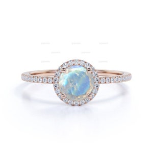 Moonstone Engagement Ring, 14k Rose Gold Engagement Ring, Half Eternity & Halo Diamond Ring Birthstone Bridal Wedding Anniversary Ring Woman