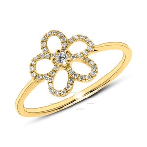 Diamond Flower Statement Ring, 14k Gold Diamond Flower Ring, Delicate Diamond Ring, Anniversary - Valentines Day Gift Minimalist Flower Ring
