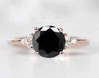 Cluster Engagement Ring, Black Stone Ring, 1 CT Black Spinel with Six Moissanite Accents, 14K Gold-Topaz-Moissanite Ring, Black Wedding Ring