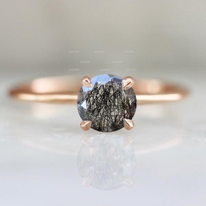 Solitaire Black Rutile Quartz Ring, 14k Gold Black Rutile Wedding Ring, Dainty Round Stone Ring, Handmade Minimalist Ring, Gift For Women