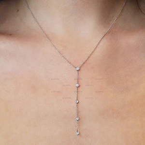 Moissanite Chain Drop necklace, Delicate Gold Chain Drop Necklace with Diamonds, Lariat Necklace, Y Necklace, Engagement Gift, Special Event