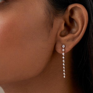Minimalist 14k Rose Gold Moissanite Earring, Diamond Linear Drop Earrings, Trendy Long Earrings, Elegant Earrings, Diamond Dangle Earrings