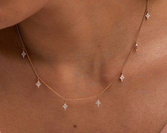 Drijvende diamanten vliegerketting, 14k gouden hangende ketting, diamant op maat geslepen, Diamond Station-ketting, minimalistische gelaagde ketting