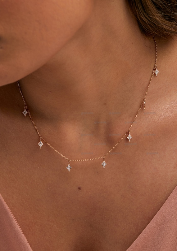 Floating Diamond Kite Drop Necklace, 14k Gold Dangling