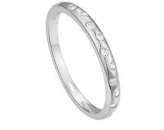 Fede nuziale in oro massiccio 14 carati con moissanite rotonda incastonata a filo, anello in oro con diamanti sparsi, fede eternity completa, anello per anniversario minimalista