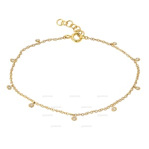 Pulsera con bisel de diamantes colgantes en oro de 14 k, pulsera con diamantes cortados a medida, pulsera con estación de diamantes, pulsera ajustable, pulsera con gotas delicadas