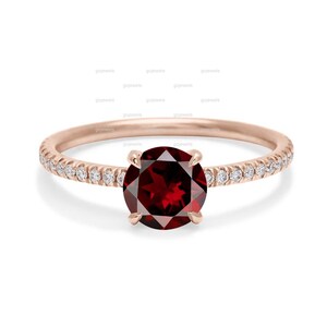 Round Natural Red Garnet Engagement Ring, 14k Rose Gold Garnet Moissanite Ring, Red Stone Wedding Ring, Half Eternity Diamond Ring for Her