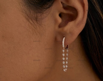 Moissanite Loop Chain Huggie Earrings 14K Rose Gold Hoop Earrings Huggie Chain Earring Minimalist Jewelry Special Gift For Christmas Promise