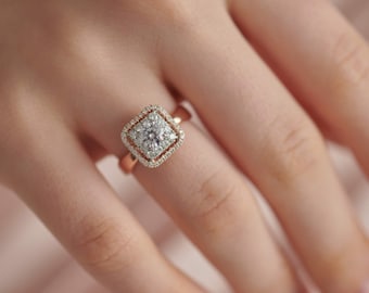 Anello solitario rotondo con moissanite a forma di cuscino e doppio alone, anello di fidanzamento con alone nascosto, anello nuziale in argento con moissanite per donna