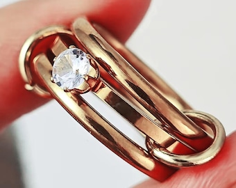Anello solitario in moissanite argento, trio intrecciato bicolore, semplice, tripla fascia, gioiello fatto a mano, anello multi-maglia, anello placcato oro