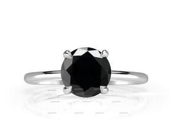 Under Halo Round Shape Black Spinel Engagement Ring, 14k White Gold Ring, Hidden Halo Moissanite Ring, Black Spinel Ring, Black Wedding Ring