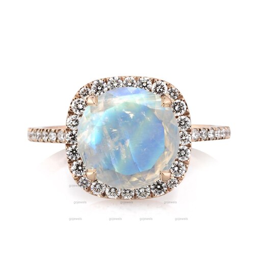 3 CT Round Cut Rainbow Moonstone Engagement Ring, 14k Rose Gold Ring, Hidden Halo Moissanite Ring, Halo shops Rainbow Moonstone Ring, Wedding Ring