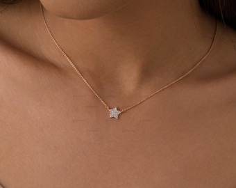 Moissanite Star Necklace, 14k Rose Gold Diamond Star Necklace, Minimalist Diamond Star Charm Necklace, Dainty Star Necklace, Gift for Friend