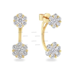 18K Gold Double Moissanite Flower Stud Earrings, Floral Ear Jacket Earrings, Classic Diamond Wedding Earrings, Flower Drop Bridal Earrings