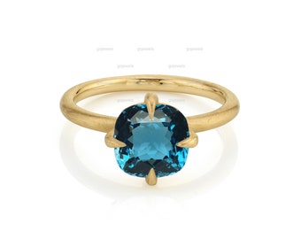 Cushion Shaped London Blue Topaz Engagement Ring For Women, 14k Solid Gold Topaz Ring, Solitaire Engagement Ring, Handmade Ring For Gift