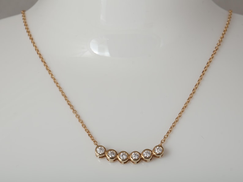 14k Gold 6 Bezel Moissanite Curved Bar Necklace, Delicate Diamond Necklace, Dainty Cable Chain, Minimalist Charm Necklace, Anniversary Gift image 2