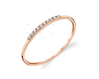 Classic Curve Pave Bar Ring, Delicate Moissanite Ring, Rose Gold Wedding Band, Thin Diamond Band, Stacking Ring, Anniversary - Promise Gift