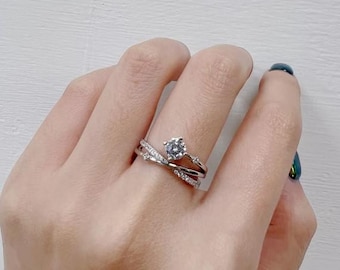 Anello con meteorite, anello di fidanzamento asimmetrico con moissanite e meteorite, anello anniversario unico e personalizzato in argento, anello incrociato aperto con infinito scintillante