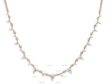 Delicate And Sparkles Beautiful 14K Rose Gold Moissanite Necklace, Half Way Gold Diamond Link Necklace, Diamond Cluster Wedding Necklace