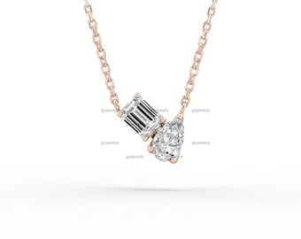 Two Stone Moissanite Pendant Necklace Toi Et Moi Pendant Pear & Emerald Cut Moissanite Necklace 14K Dainty Diamond Necklace Silver Necklace