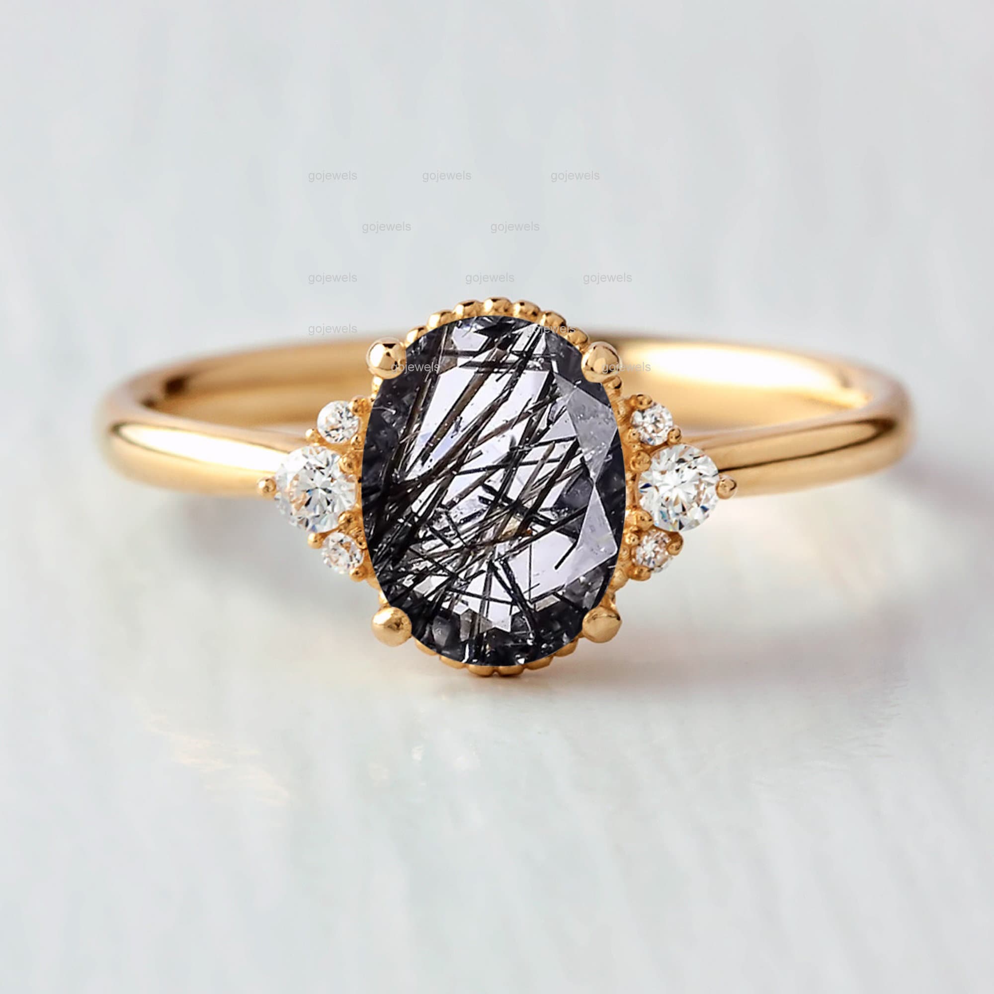 14k Gold Black Hair Stone Ring, Black Rutile Birthday Ring, Oval Cut ...