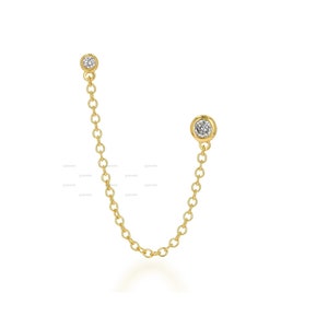 Double Moissanite Chain Stud Earrings, 14k Chained Diamond Stud Earring, Dainty Chain Double Studs, Solid Gold Studs, Bezel Stud Earrings