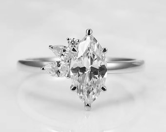 Anello di fidanzamento in argento sterling 925 con moissanite a taglio marquise e mezzo grappolo, fede nuziale unica, regalo per lei.