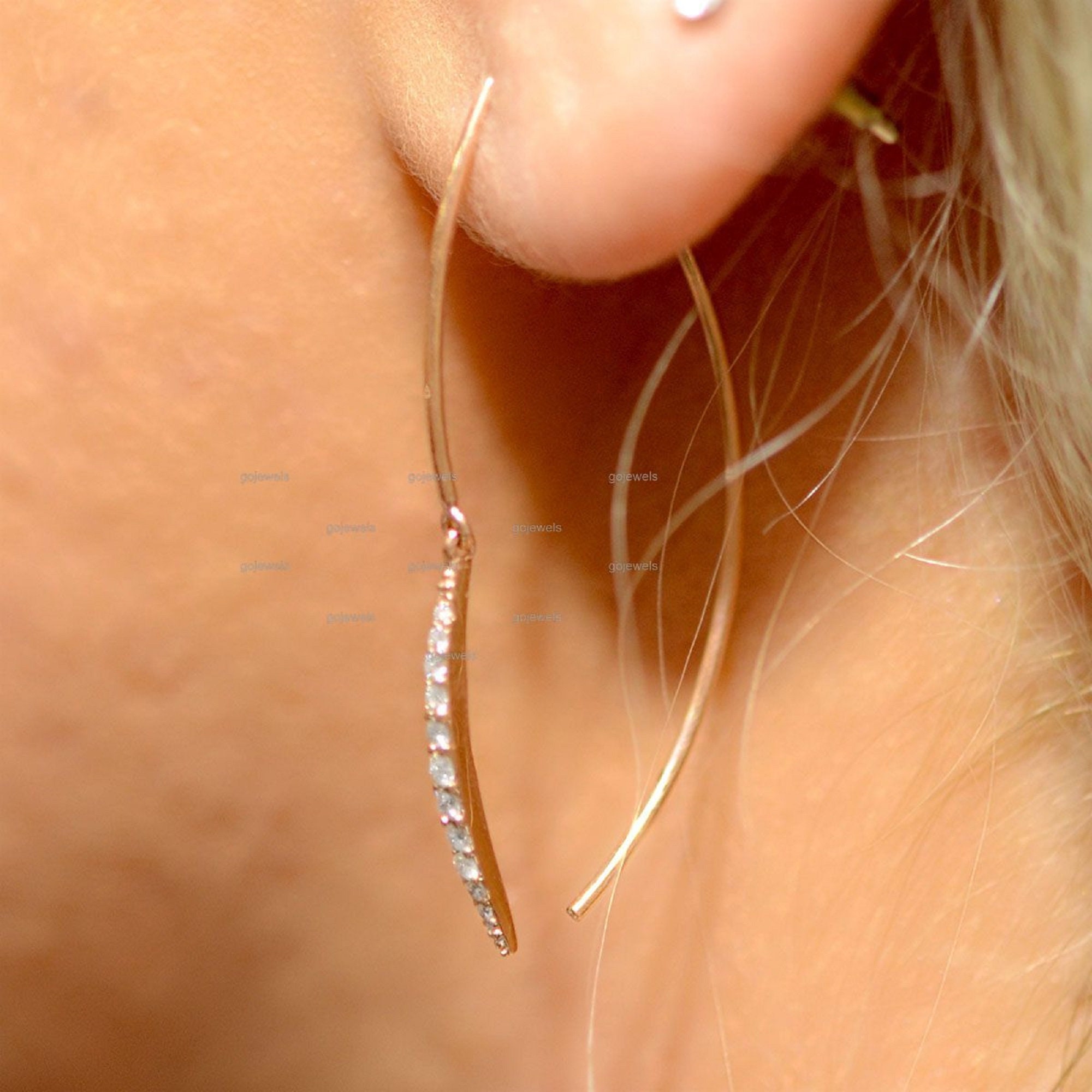 Push Through Earring Pull Through Earring, 14k Gold Earrings, Moissanite Earrings, Thread ...