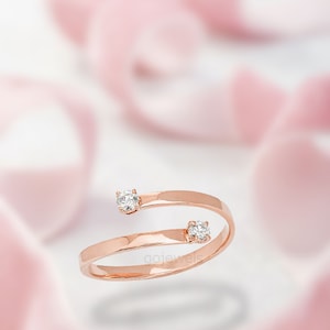 Solo Double Moissanite Ring, 14K Gold Diamond Spiral Ring, Open Cross Ring, 2 Stone Adjustable Band, Wrap Ring, Open Cuff Ring Delicate Band