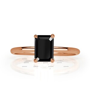 Hidden Halo Black Spinel Engagement Ring, 14k Rose Gold Ring, Hidden Halo Moissanite Ring, Emerald Cut Solitaire Ring, Black Wedding Ring