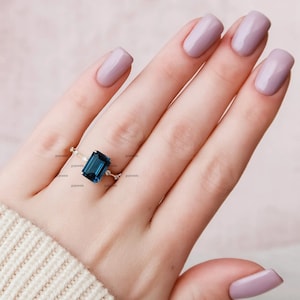 14K Gold London Blue Topaz & Moisanite Ring, Emerald Cut Engagement Ring With Floating Diamond, Anniversary Ring, Bridal Ring, Wedding Gift
