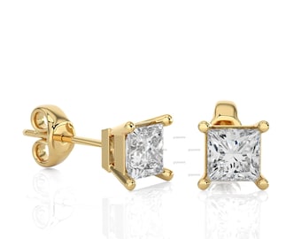 14k Diamond Princess Cut Stud Earrings, Minimalist Bridal Jewelry, Princess Cut Diamond Studs, Square Stud Earring, Bridesmaid Earrings Set