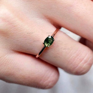 East West Oval Moss Agate Engagement Ring, 14K Rose Gold Wedding Ring, Gifts for Girlfriend, Promise Ring, Solitaire Ring, Silver Ring