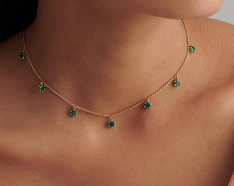 Collana pendente in oro 14 carati con smeraldo sintetico, collana minimalista da indossare a strati per matrimoni, girocollo in argento con smeraldo rotondo
